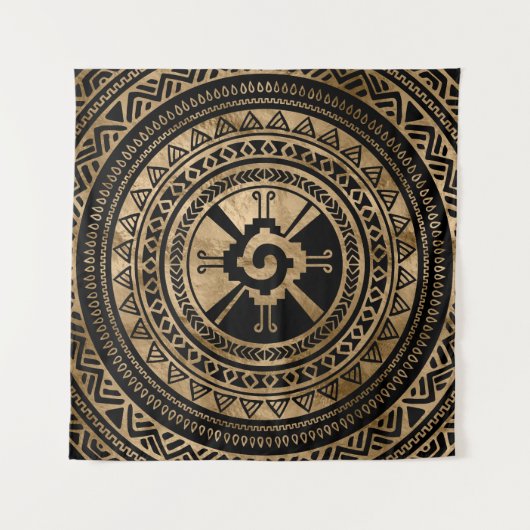 Hunab Ku Mayasymbolschwarzes und -gold Wandteppich (Vorderseite)