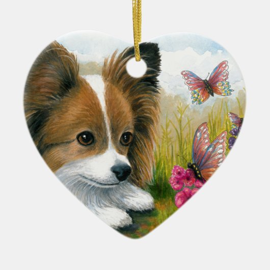 Hund123 Papillon Hund mit Schmetterlingen Keramik Ornament (Vorne)