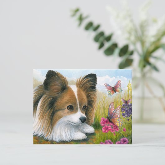 Hund 123 Papillon Hund mit Schmetterlingen Postkarte (Stehend Vorderseite)