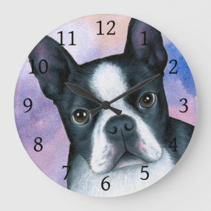 Hund 128 Boston Terrier Pink Blue Hintergrund Große Wanduhr