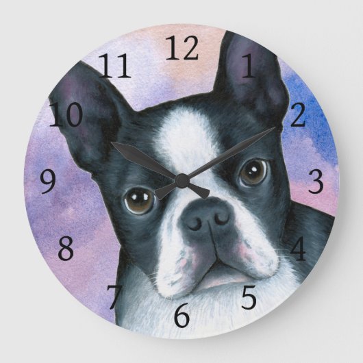 Hund 128 Boston Terrier Pink Blue Hintergrund Große Wanduhr (Vorderseite)