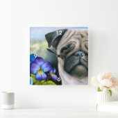 Hund 133 Mops Blaue Lila Blume Quadratische Wanduhr (Zuhause)