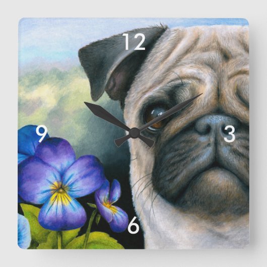 Hund 133 Mops Blaue Lila Blume Quadratische Wanduhr (Vorderseite)