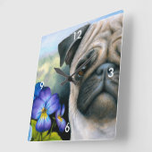 Hund 133 Mops Blaue Lila Blume Quadratische Wanduhr (Winkel)
