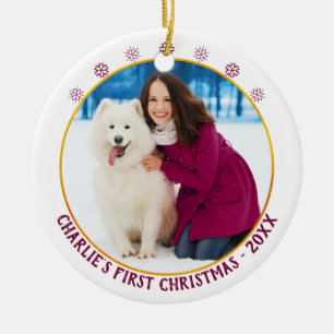 Hund 1. Weihnachten - Foto Name & Jahr - Weiß Gold Keramik Ornament
