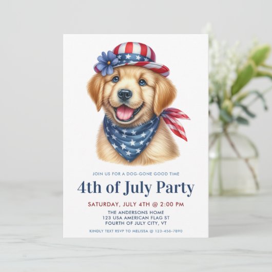 Hund 4. Juli Party Patriotic Golden Retriever Einladung (Stehend Vorderseite)