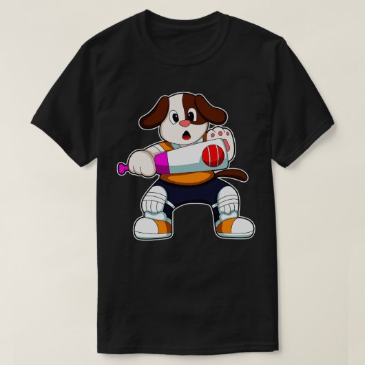 Hund als Batsman mit Cricket Fledermaus T-Shirt (Design vorne)