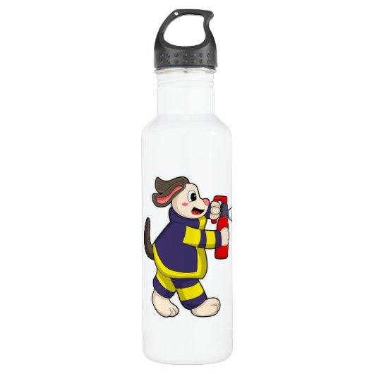 Hund als Feuerwehrmann mit Feuerlöscherin Edelstahlflasche (Vorderseite)