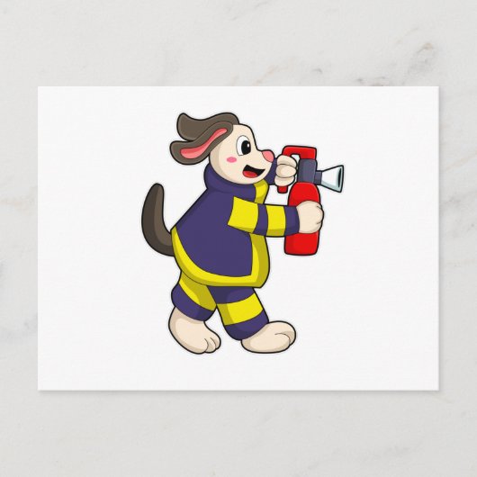 Hund als Feuerwehrmann mit Feuerlöscherin Postkarte (Vorderseite)