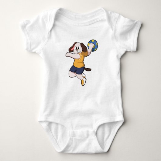 Hund als Handballspieler mit Handball Baby Strampler (Vorderseite)