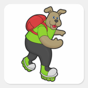 Hund als Skater mit Inline-Skaten und Rucksack Quadratischer Aufkleber