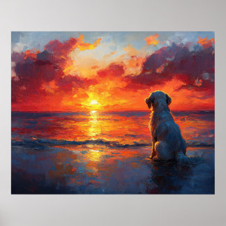 Hund am Strand beim Beobachten des Sonnenuntergang Poster