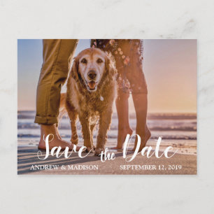 Hund am Strand mit Paar - Save the Date Ankündigungspostkarte