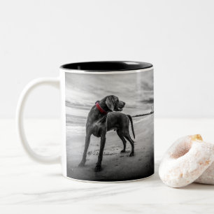 Hund am Strand Schwarz-Weiß-Foto mit rotem Halsban Zweifarbige Tasse