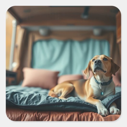 Hund auf Bett Quadratischer Aufkleber (Vorderseite)