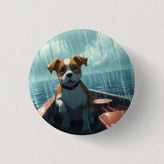Hund auf Boot im Ozean während Regen Button (Vorderseite)
