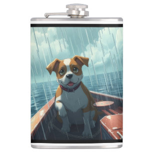 Hund auf Boot im Ozean während Regen Flachmann