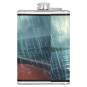 Hund auf Boot im Ozean während Regen Flachmann (Rückseite)