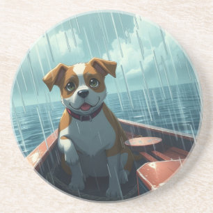 Hund auf Boot im Ozean während Regen Getränkeuntersetzer