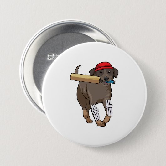 Hund auf Cricket mit Cricket-Fledermaus Button (Vorne & Hinten)