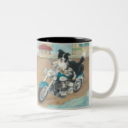 Hund auf Motorrad Zweifarbige Tasse (Rechts)