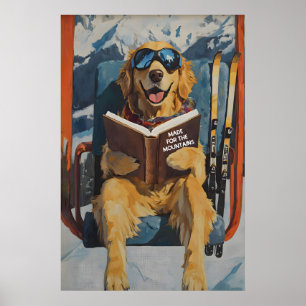 Hund auf Skilift Berg Kunst Druck Lustiger Winter Poster
