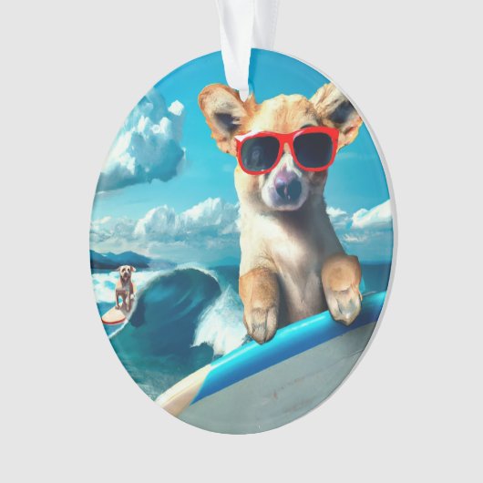 Hund auf Surfboard mit Sonnenbrille AI Art Weihnac Ornament (Vorderseite)