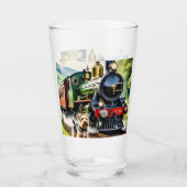 Hund begrüßt Dampflok Glas (Rückseite)