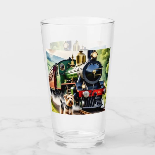 Hund begrüßt Dampflok Glas (Vorderseite)