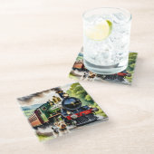 Hund begrüßt Dampflok Glasuntersetzer (Schrägansicht)