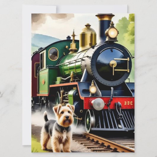 Hund begrüßt Dampflok Karte (Vorderseite)