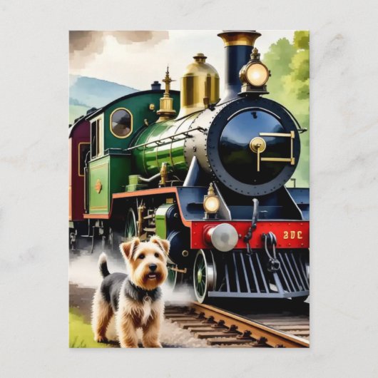 Hund begrüßt Dampflok Postkarte (Vorderseite)