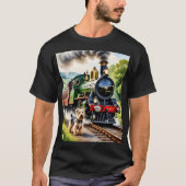 Hund begrüßt Dampflok T-Shirt (Vorderseite)