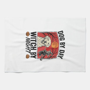 Hund bei Tag, Hexe bei Nacht, Vintage-Halloween-Hu Geschirrtuch