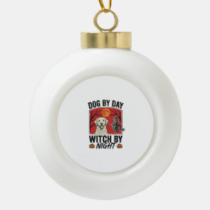 Hund bei Tag, Hexe bei Nacht, Vintage-Halloween-Hu Keramik Kugel-Ornament