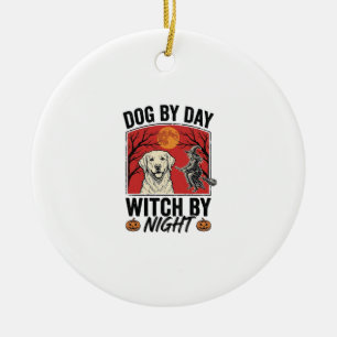 Hund bei Tag, Hexe bei Nacht, Vintage-Halloween-Hu Keramik Ornament