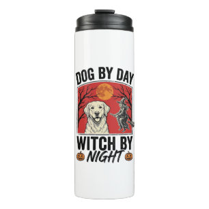 Hund bei Tag, Hexe bei Nacht, Vintage-Halloween-Hu Thermosbecher