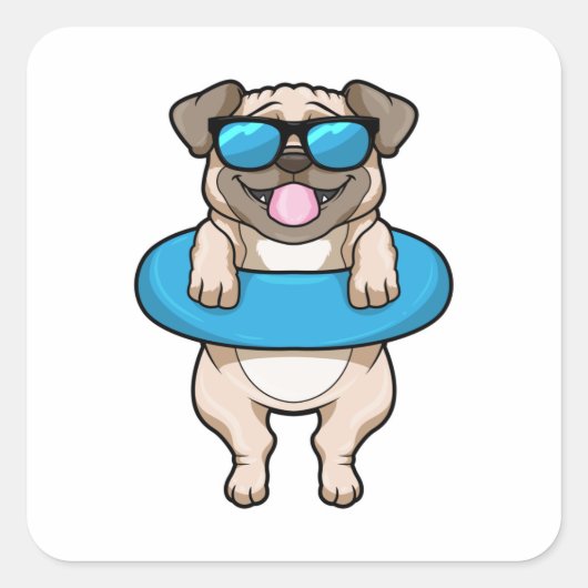 Hund beim Baden mit Schwimmring Quadratischer Aufkleber (Vorderseite)