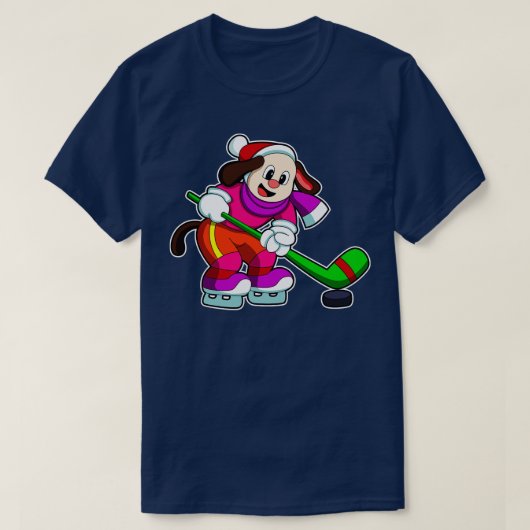 Hund beim Eishockey mit Eishockeystick Puck T-Shirt (Design vorne)