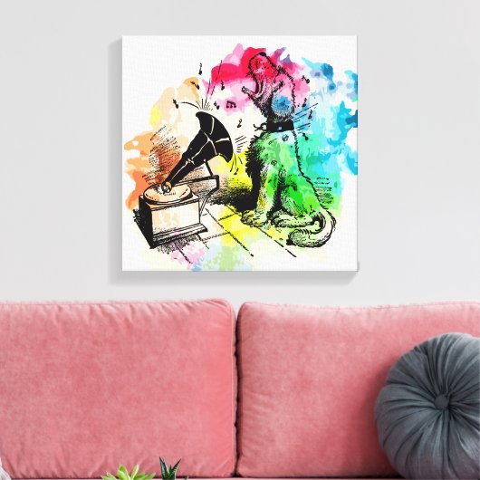 Hund bellt zur Musik Leinwanddruck (Insitu (Wohnzimmer))