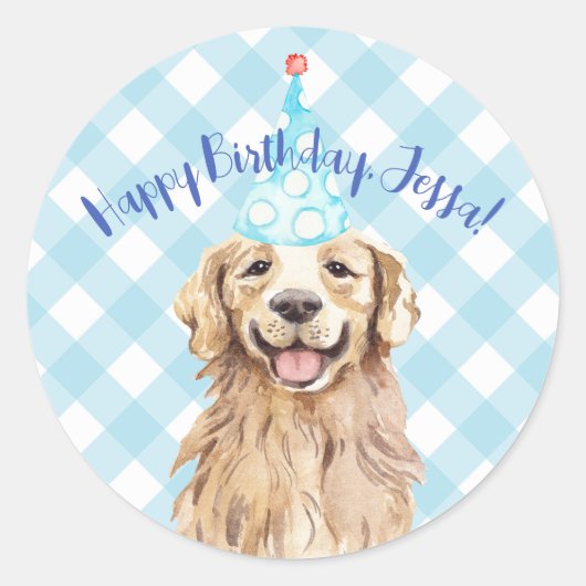 Hund Birthday Party Personalisiert Sticker Gingham (Vorderseite)