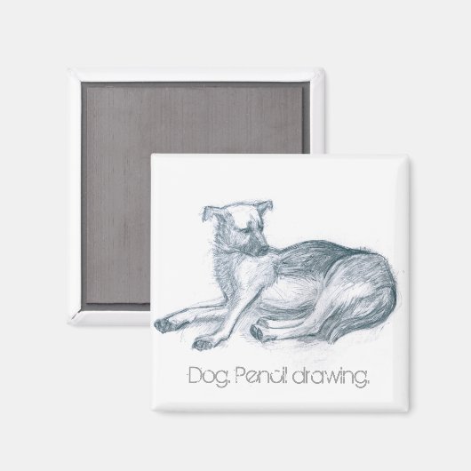Hund. Bleistift zeichnend. Magnet (Vorderseite/Rückseite)