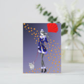 Hund & Dame Herbstblätter Blau Postkarte (Stehend Vorderseite)