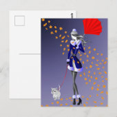 Hund & Dame Herbstblätter Blau Postkarte (Vorne/Hinten)