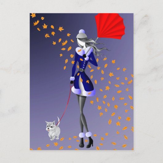 Hund & Dame Herbstblätter Blau Postkarte (Vorderseite)