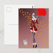 Hund & Dame Herbstblätter Rot  Postkarte (Vorne/Hinten)
