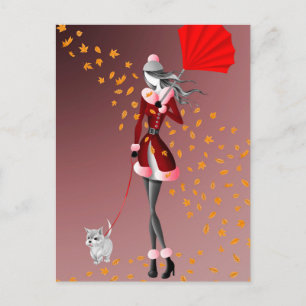 Hund & Dame Herbstblätter Rot  Postkarte
