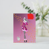 Hund & Dame Herbstlaub Rosa Postkarte (Stehend Vorderseite)