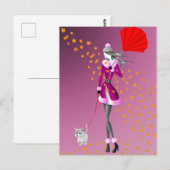 Hund & Dame Herbstlaub Rosa Postkarte (Vorne/Hinten)