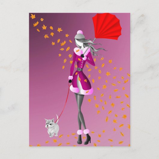 Hund & Dame Herbstlaub Rosa Postkarte (Vorderseite)